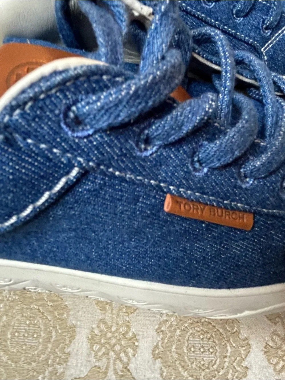Sz 7.5 Tory Burch Ladybug Denim Leather Sneakers in “Azul”